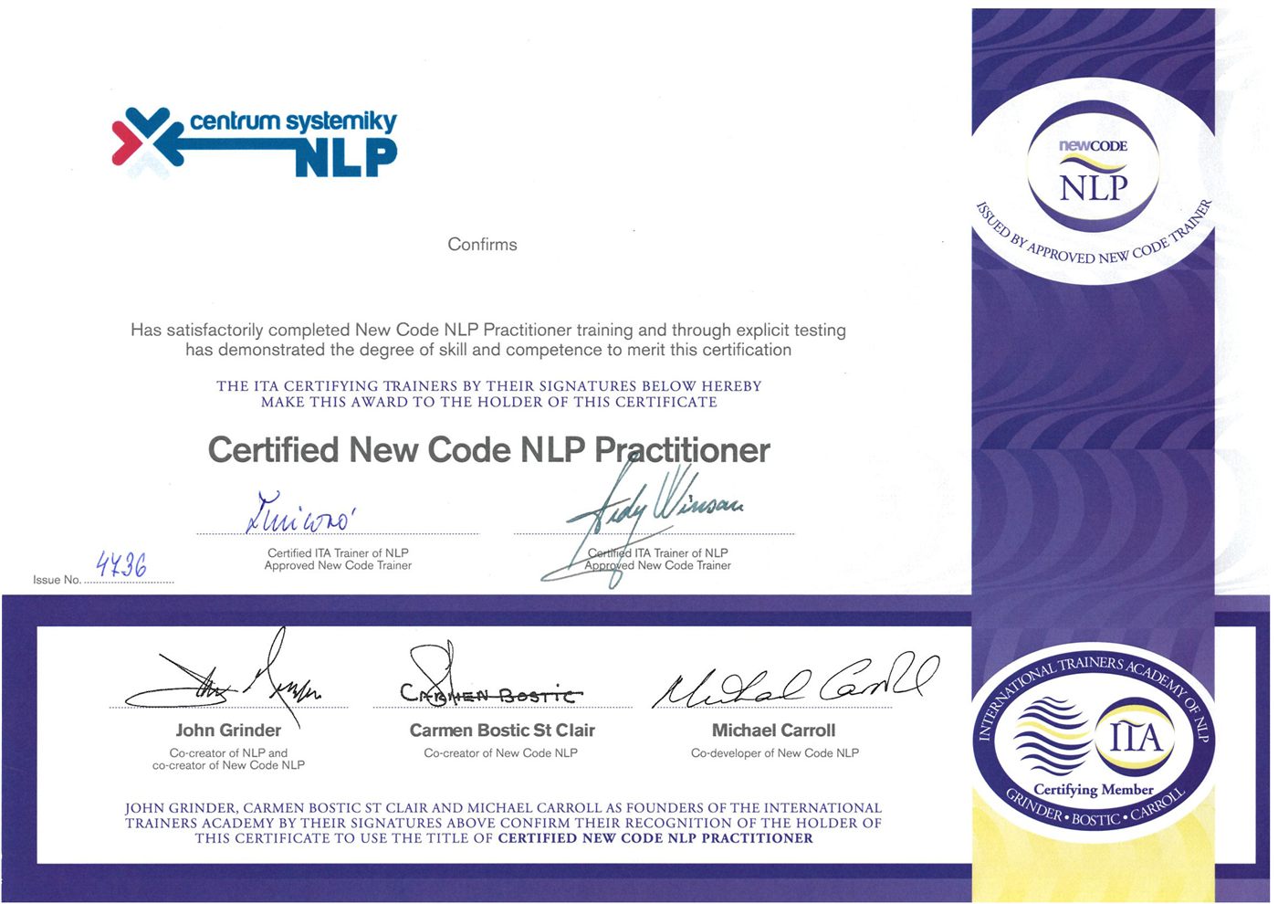 Mezinárodní certifikát New Code NLP Practitioner ITCA NLP