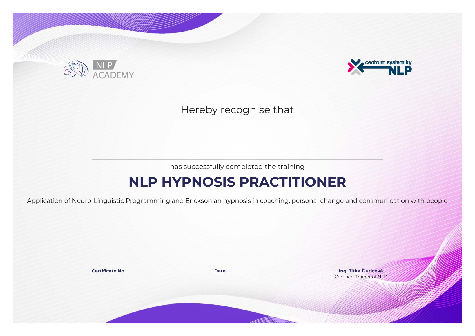 Certifikát NLP Hypnosis Practitioner